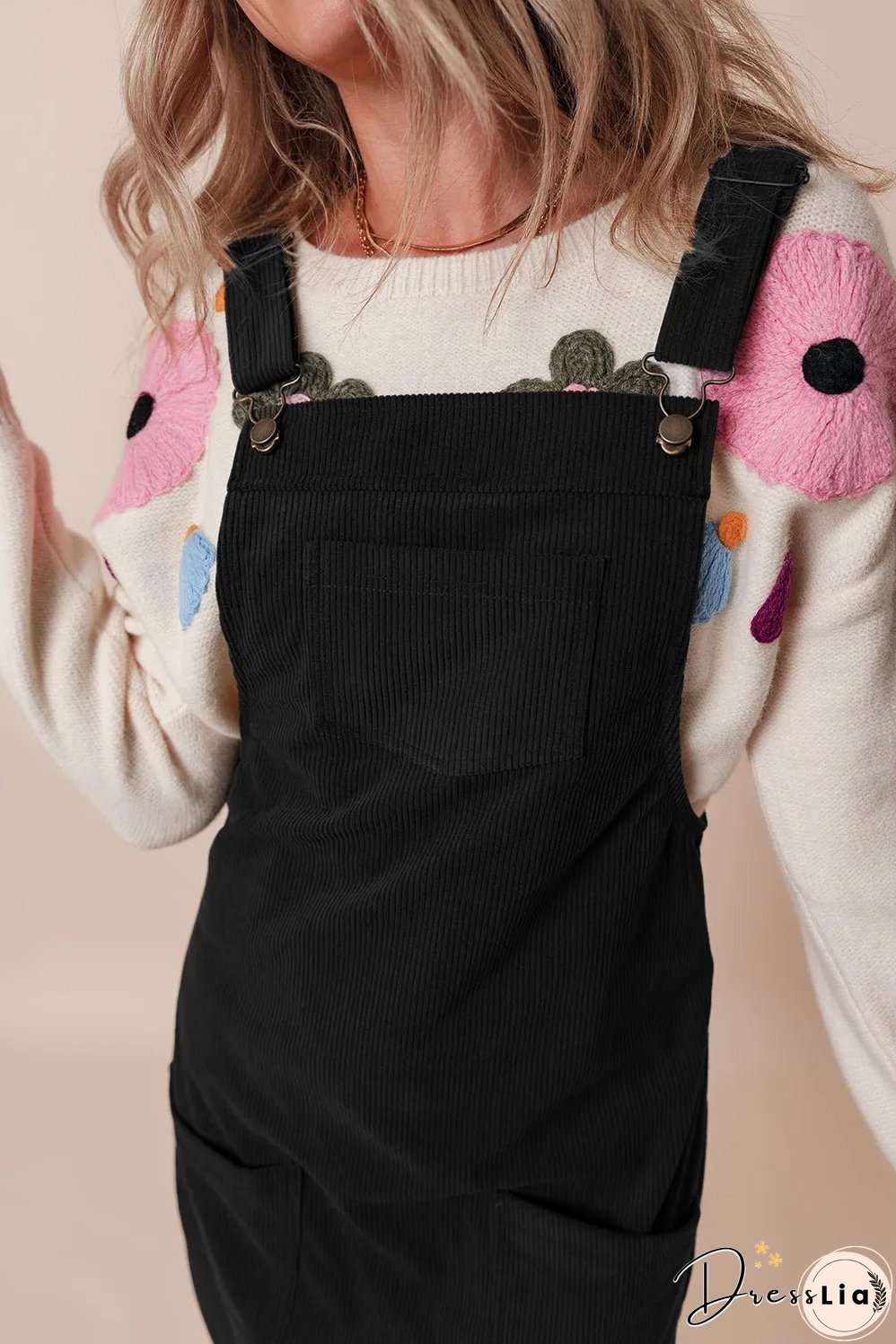 Black Solid Front Pockets Sleeveless Corduroy Overall Dress