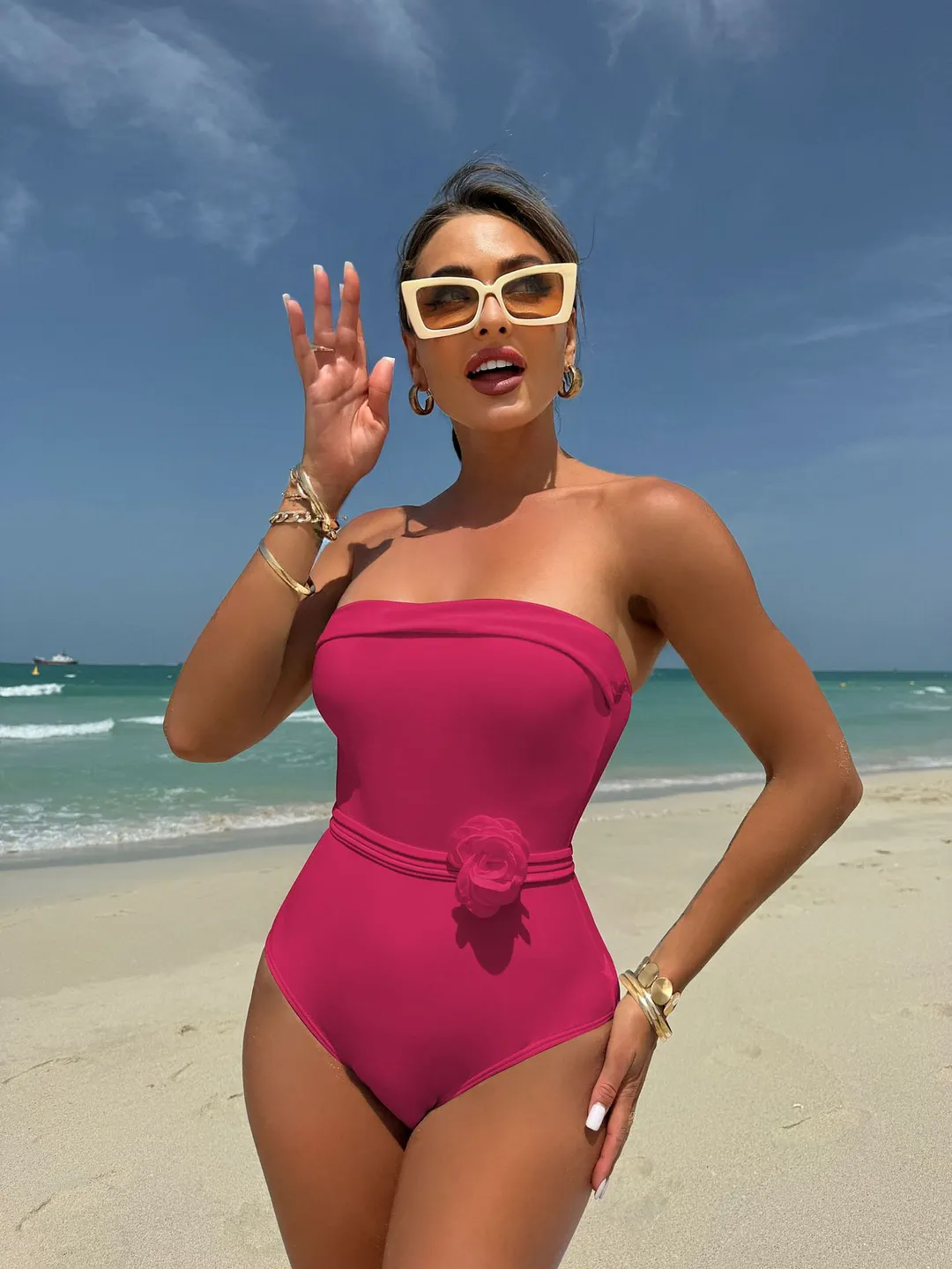 Brownm 2024 New One-Clothing Multi-Clothed Drawstring With Small Flower Swimsuit Bikini Bikini