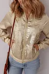 Women's Elegant Shiny Sequins Metallic Metal Color Baseball Jacket Coat