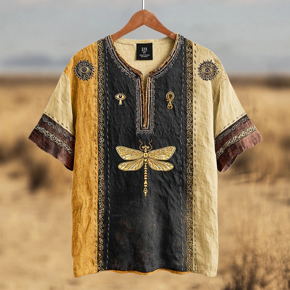 Comstylish Vintage Egyptian Dragonfly Patchwork Embroidery Men's V-neck Linen Shirt