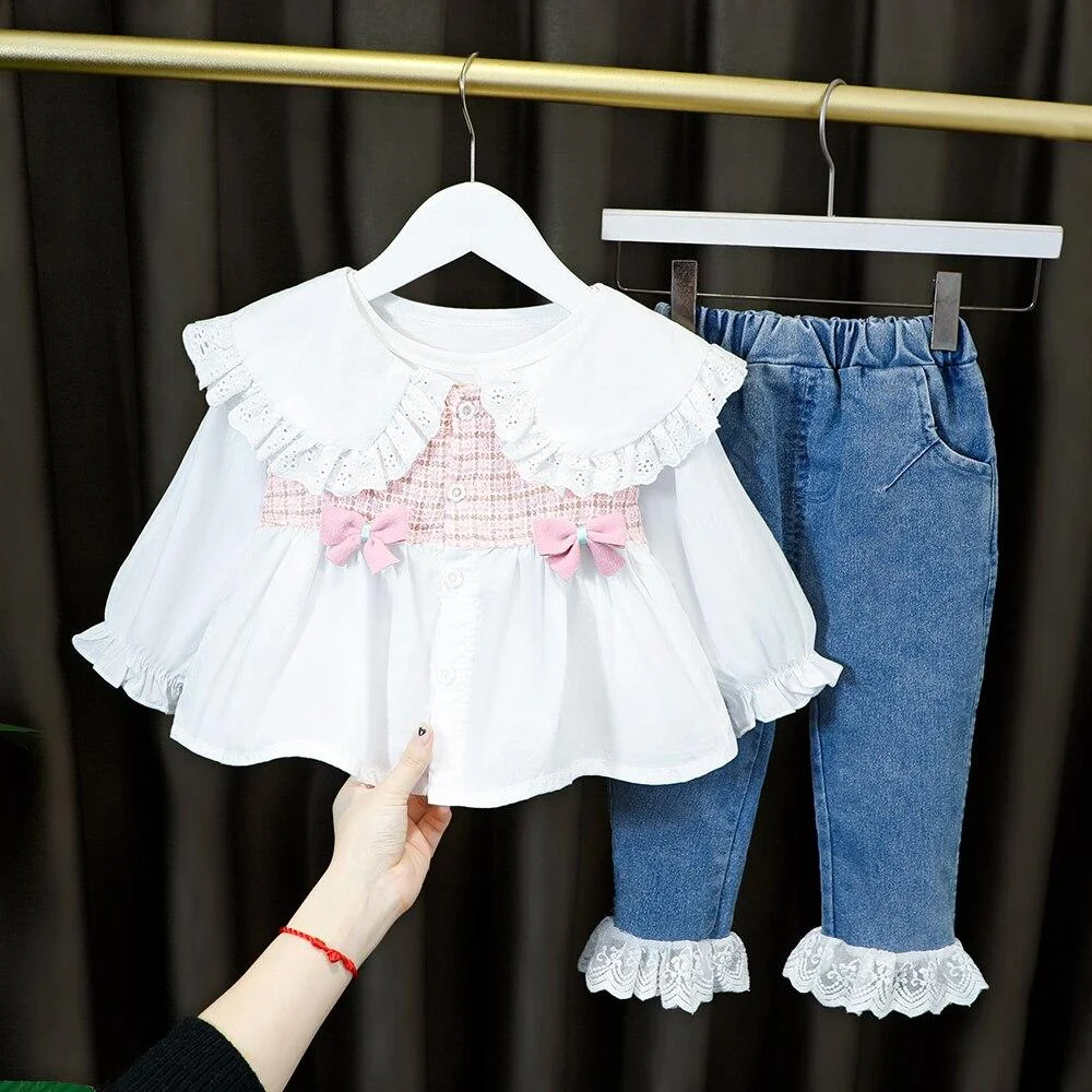 Long Sleeves Clothing Fashion Girls Fashion Lotus Leaf Collar Shirt + Jeans 2 PCS/Set Children Costume for 1 2 3 4 Y Party