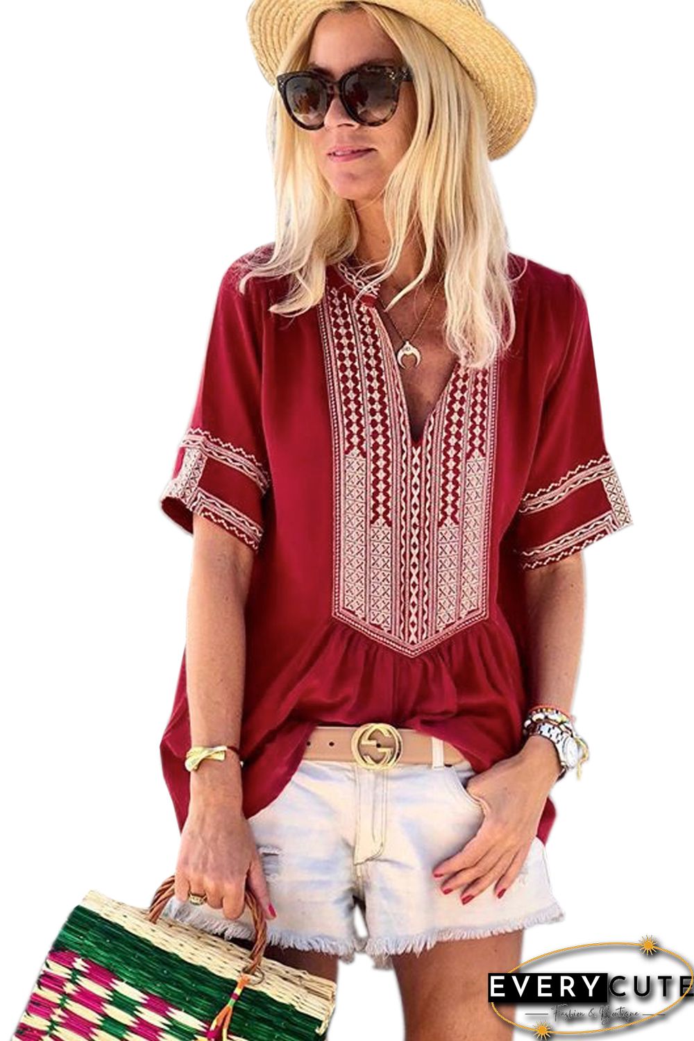 Red Elbow Length Sleeves Front Embroidery Blouse
