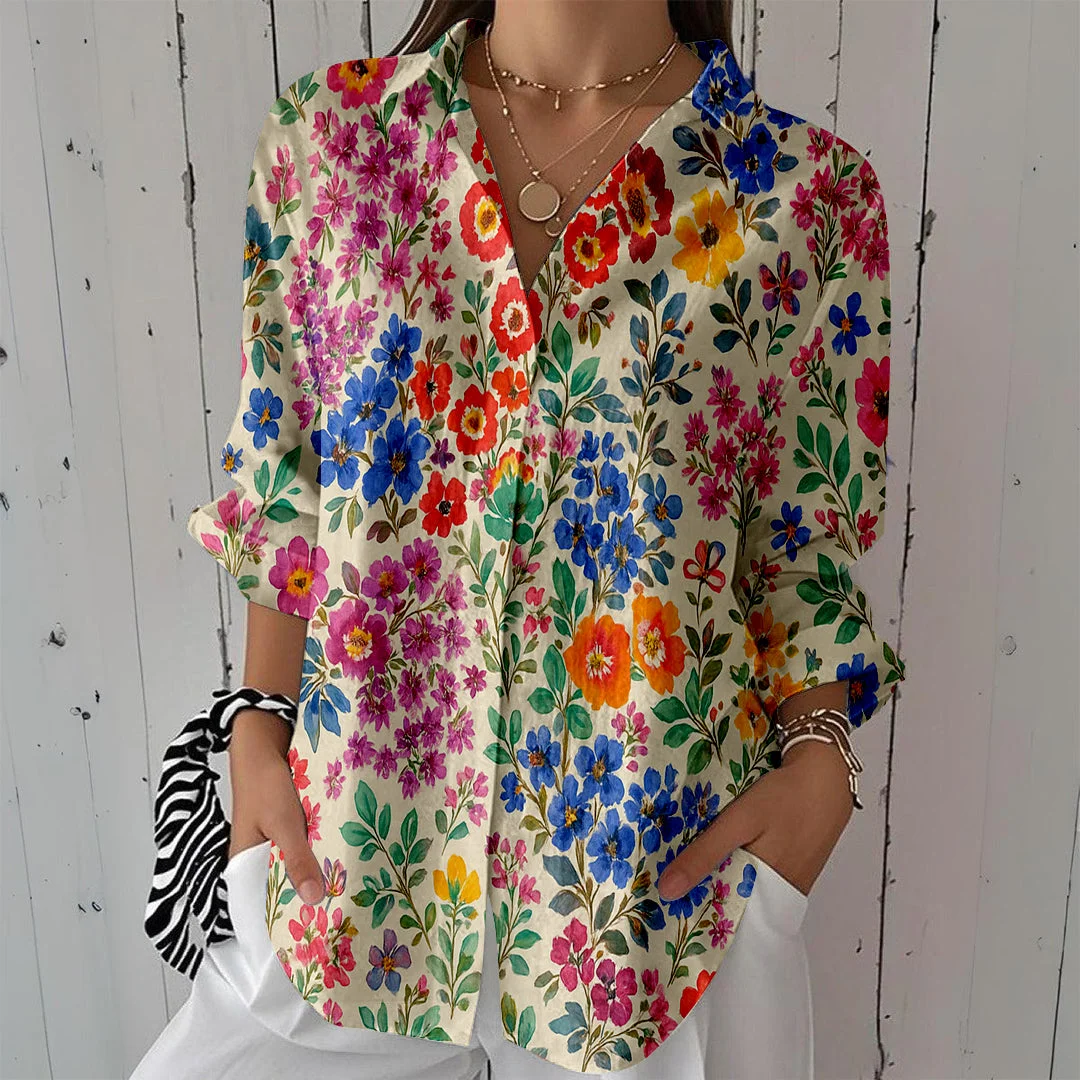 Style & Comfort for Mature Women Women Floral, Colorful, Blue, Red DZCL0130 3/4 Sleeve Shirt Collar Printed Button Tops