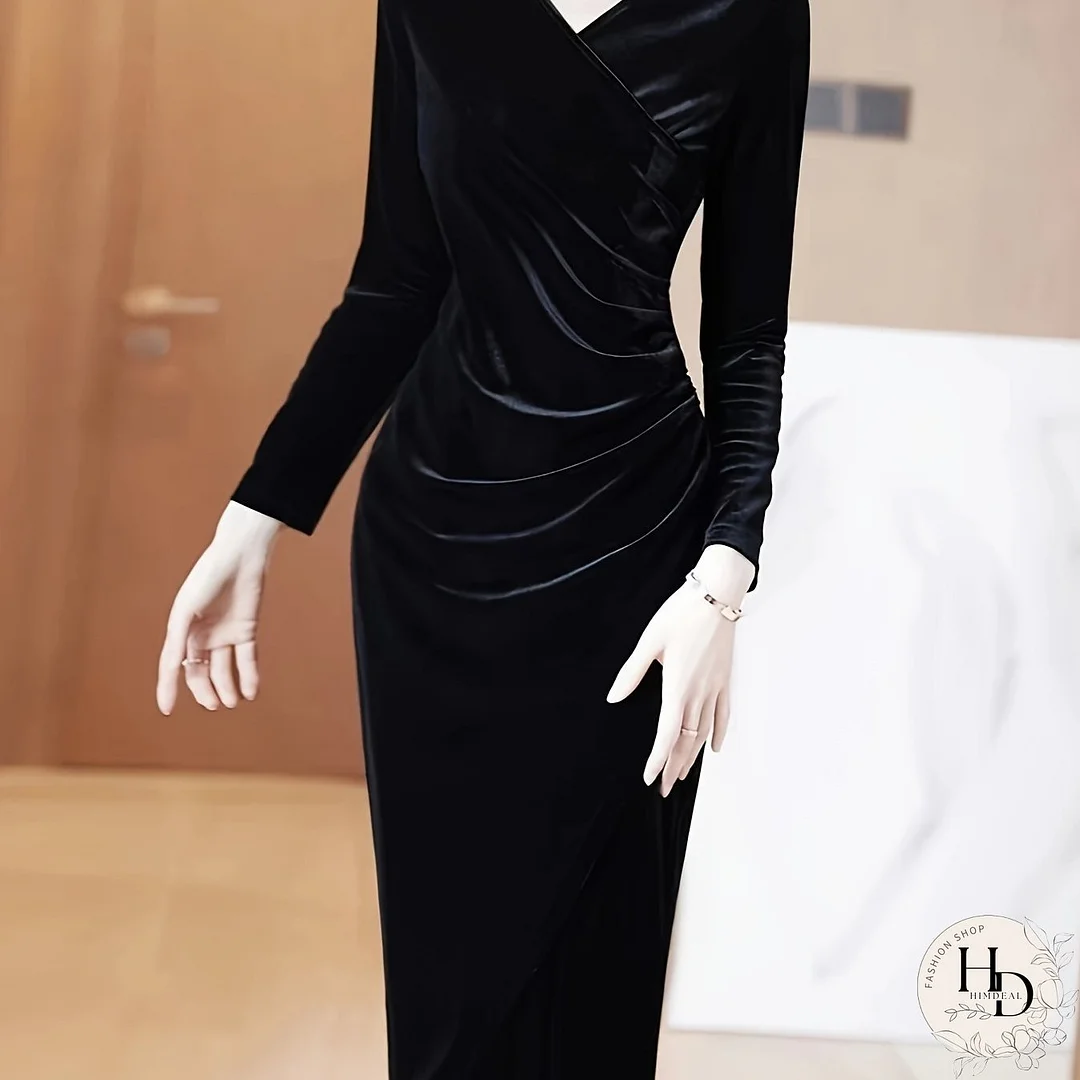 Solid Bodycon Midi Dress, Elegant V Neck Long Sleeve Dress, Women's Clothing