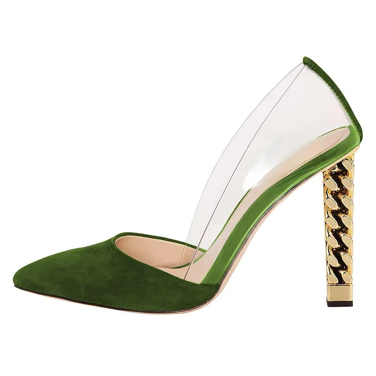Green Suede Clear PVC Chunky Heels Pumps - Vdcoo