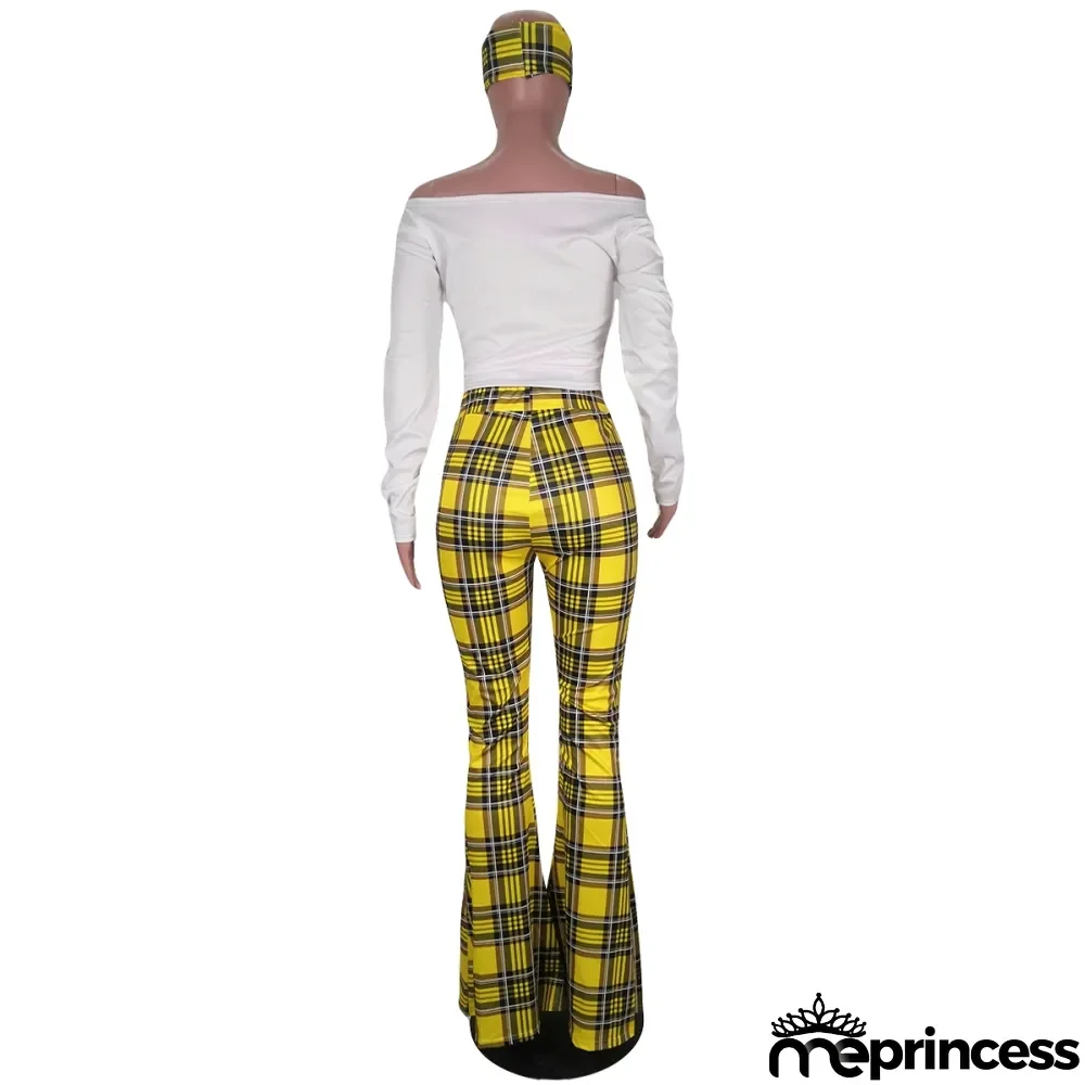 African Three Piece Plaid Flare Pants Set