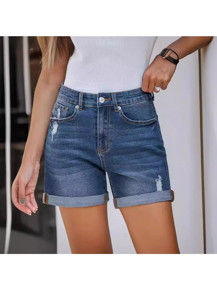 Women's High-Stretch Slim-Fit Distressed Hem Denim Shorts - Elegant Street Style Casual Summer Shorts With Lace Stitching, Breathable Polyester Blend For Spring/Summer, Everyday Comfort Wear, High Waisted Short