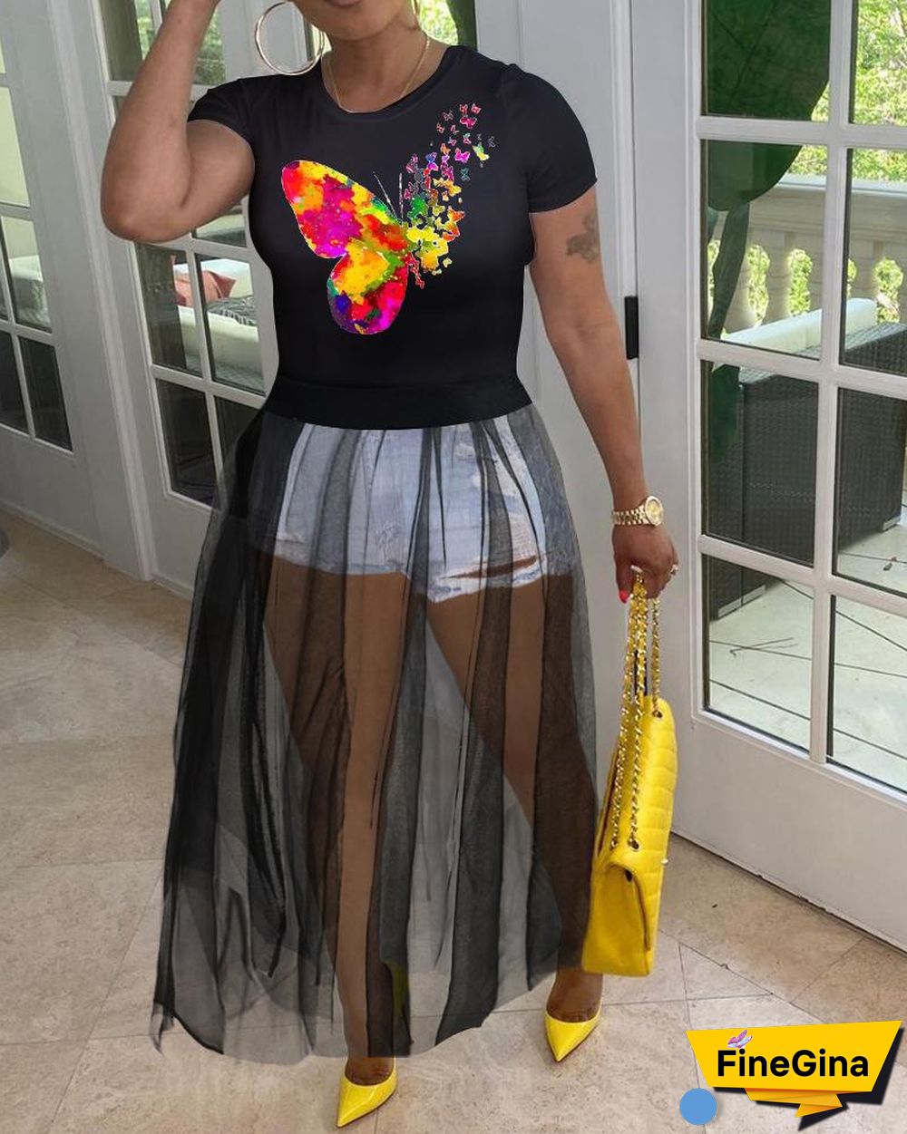 Cool Butterfly Print Mesh Top
