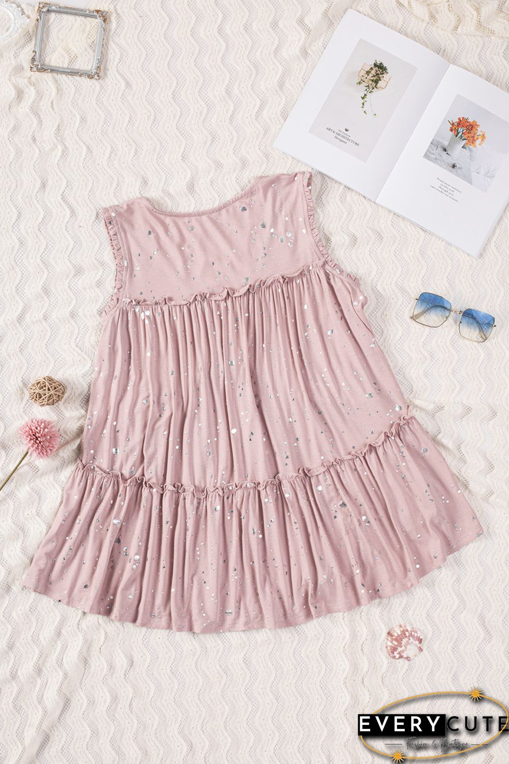 Pink Foil Splatter Drops Ruffled Flowy Tank