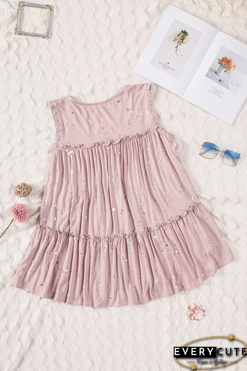 Pink Foil Splatter Drops Ruffled Flowy Tank