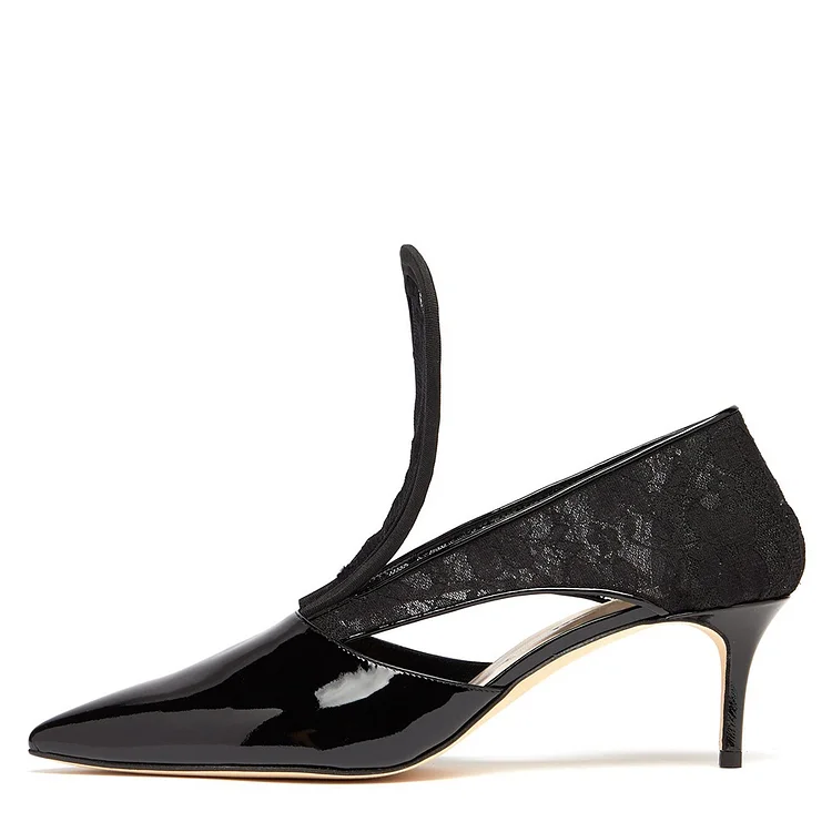 Black Patent Leather Lace Cut Out Stiletto Heels Pumps |FSJ Shoes
