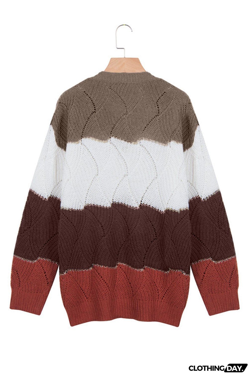 Women's Brown Colorblock V Neck Textured Knit Sweater
