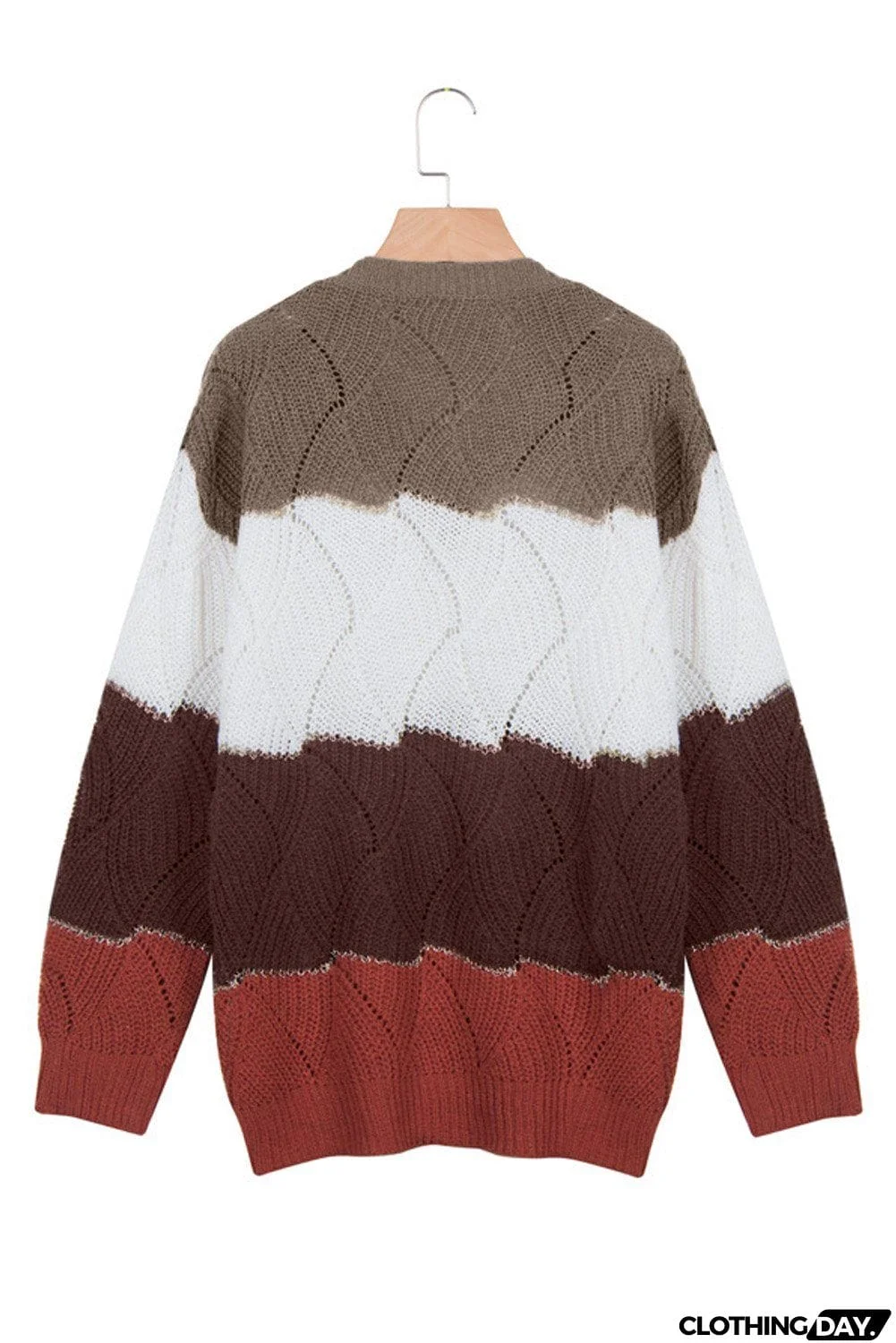 Women's Brown Colorblock V Neck Textured Knit Sweater
