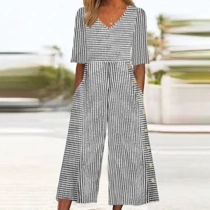 Comstylish Striped V-Neck Linen Blend Casual Jumpsuit