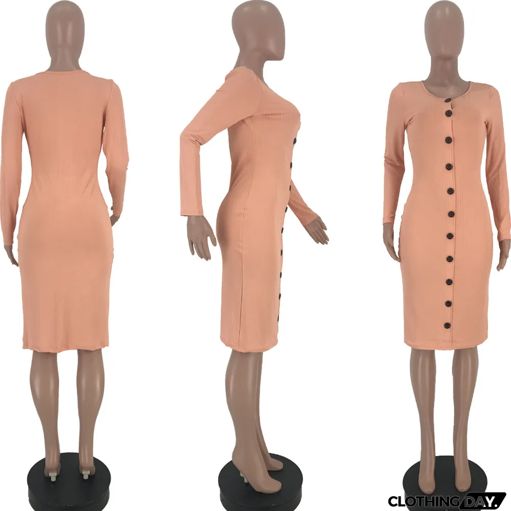 Solid Color Pit-strip Button Dress