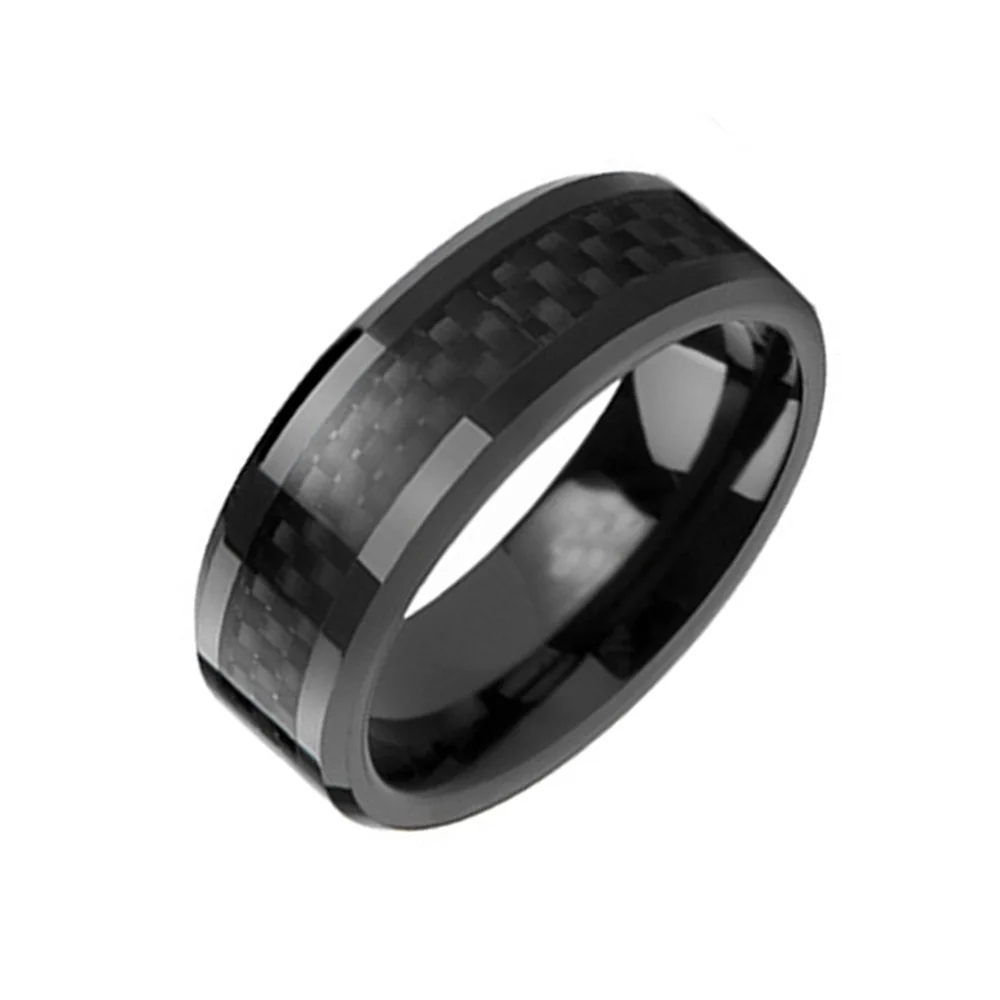 6MM 8MM Tungsten Carbide Men Rings Black Carbon Fiber Inlay Polished With Beveled Edge
