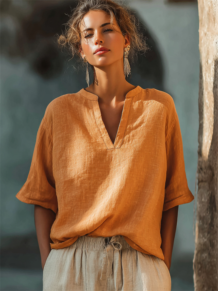 Vintage Notch Neck Oversize Linen Tunic elevenforest