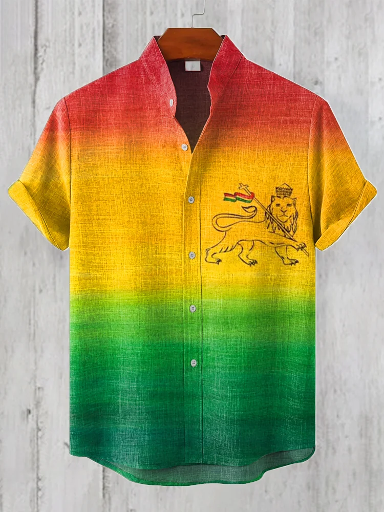 Men's Reggae Lion Art Print Linen Blend Shirt