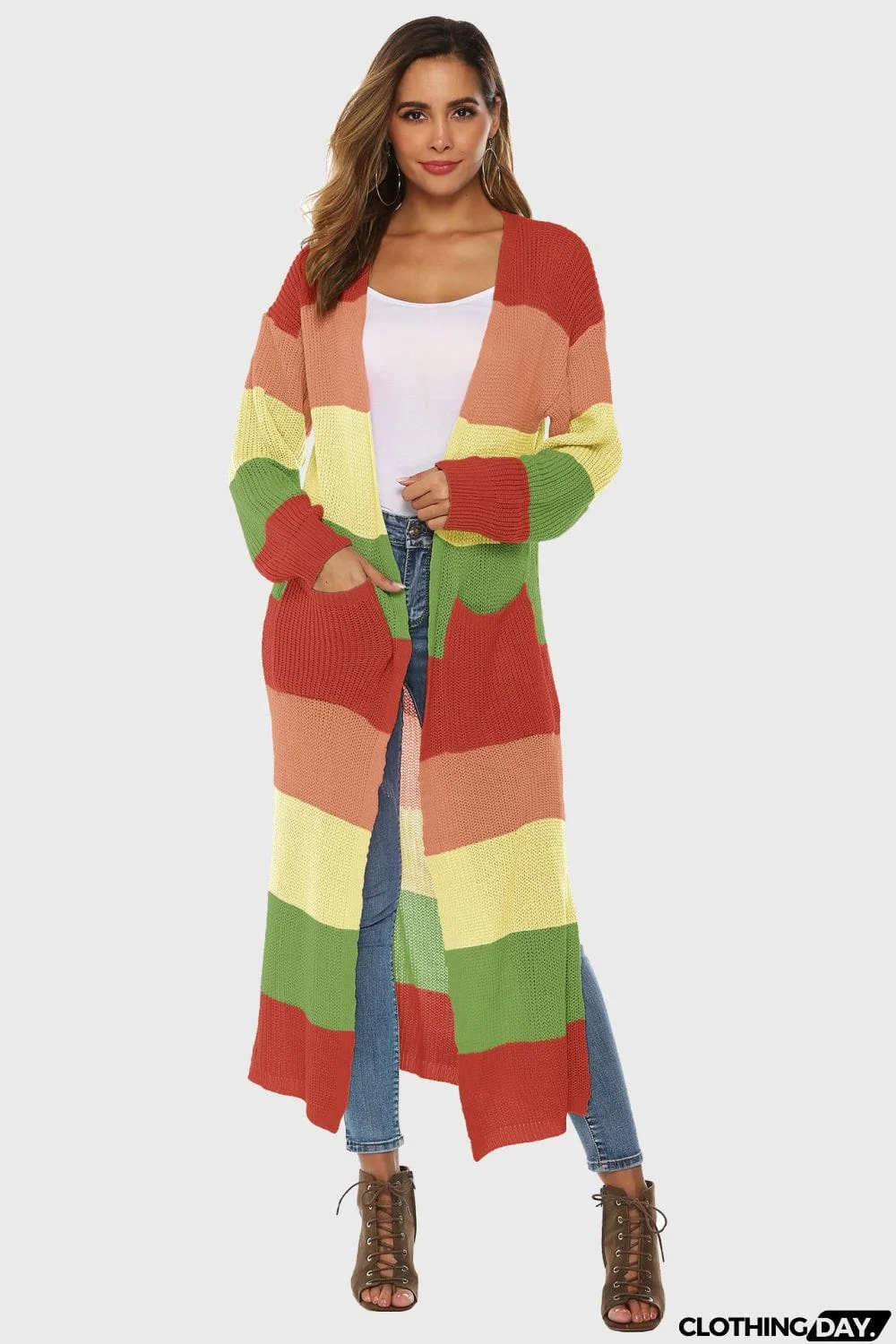 Color Block Long Sleeve Pocketed Cardigan
