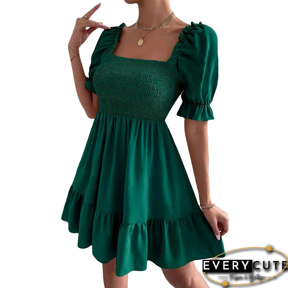 Dark Green Square Neck Short Sleeve Ruffle Mini Dresses