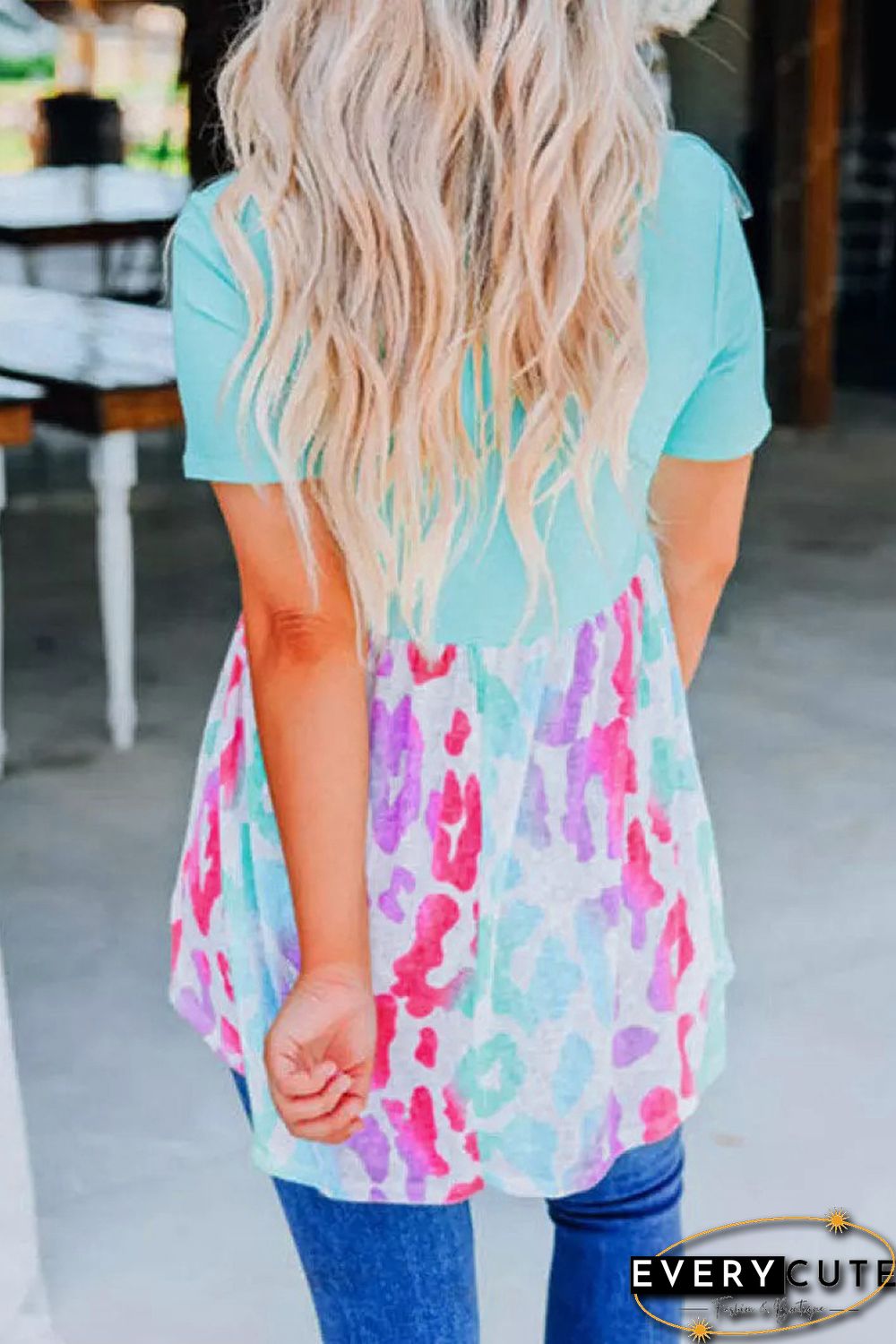 Sky Blue Leopard Color Block Buttoned V Neck T Shirt