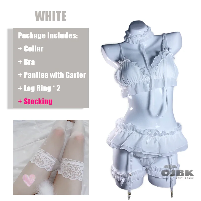 Billionm Costumes Lolita Women Erotic Lingerie Set Cute Ruffles Lace Ladies Kawaii Soft Girl Pajamas Cosplay Outfit 3 Color Set 2021