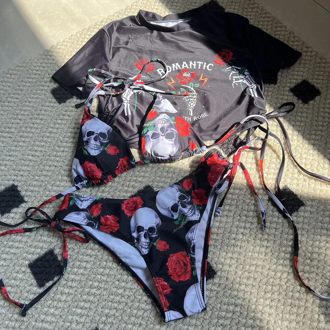 Uveng 2023 New Sexy Ckus And Cinne Rose Printed Three-Piece Swimsuit Swimsuit Bikini