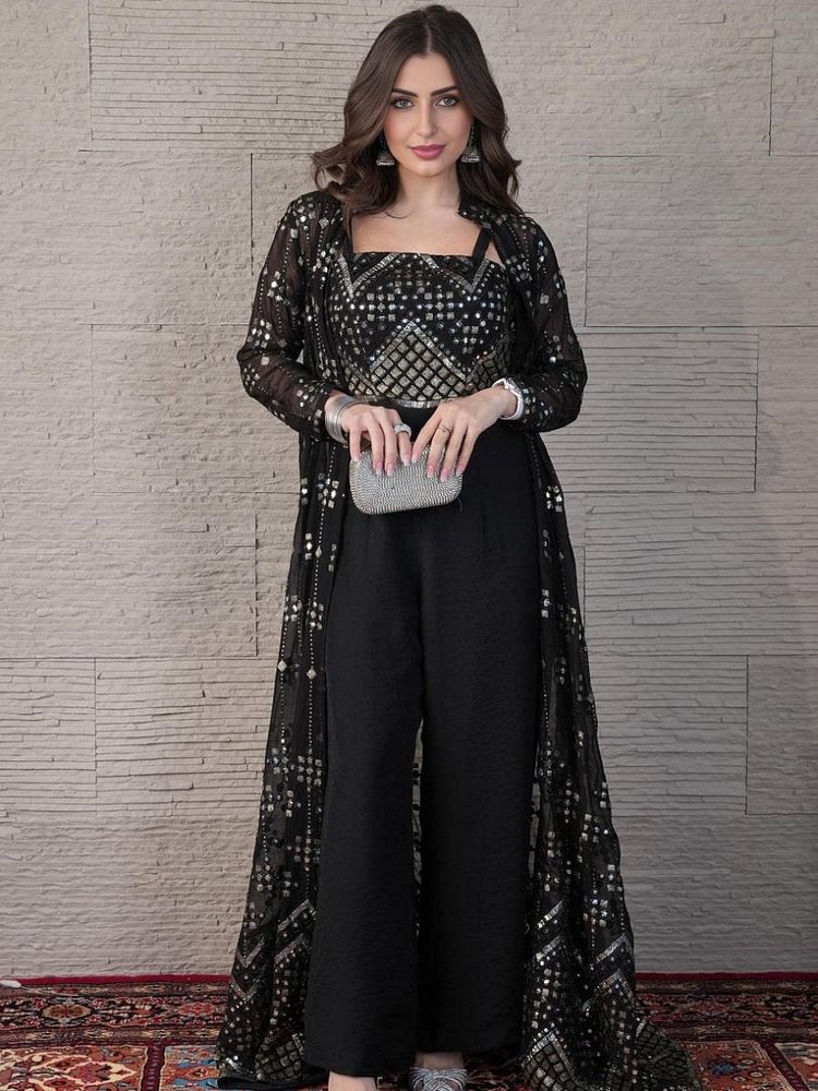 Sequins Grid Print Shoulder Strap Jumpsuit and Outerwear