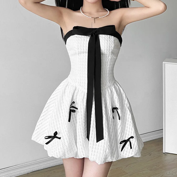 High Waist Bow Ribbon Puffy Tube Dress