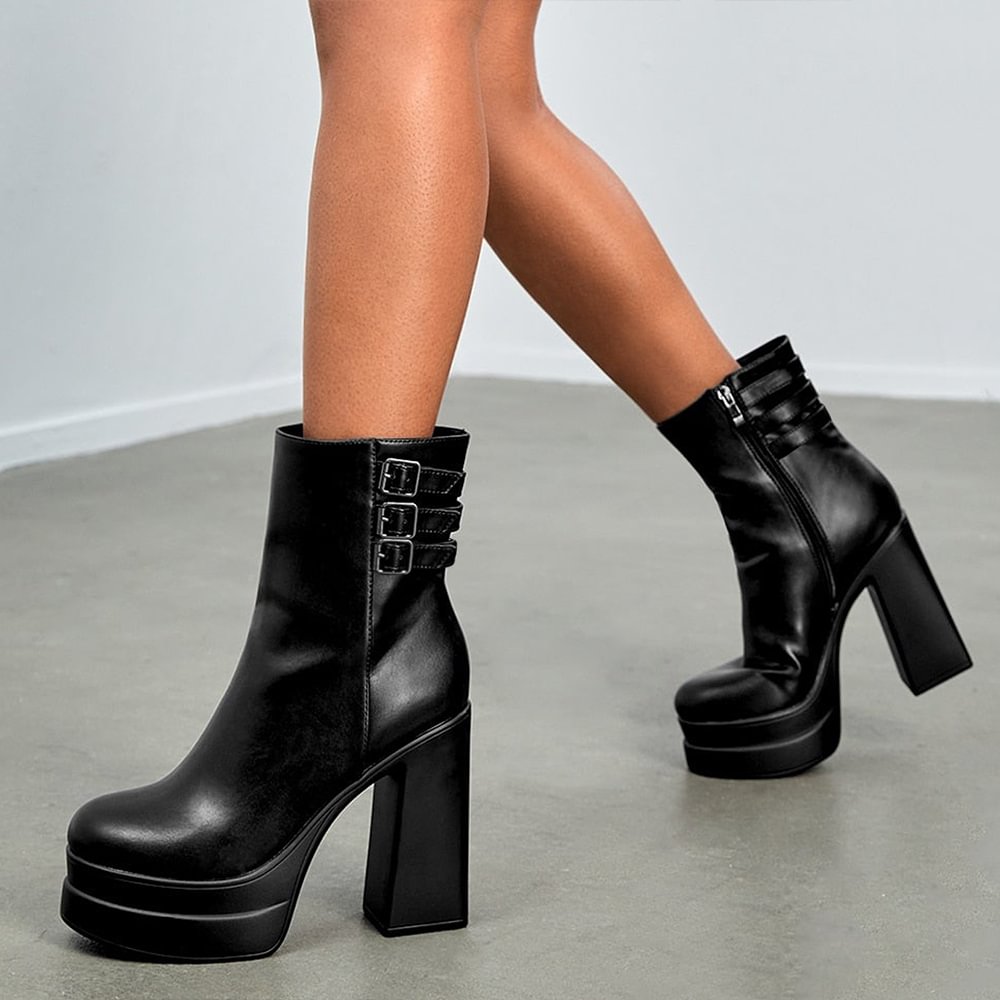 Full Black Leather Ankle Boots With Platform Zipper Buckle Chunky Heel Boots Nicepairs