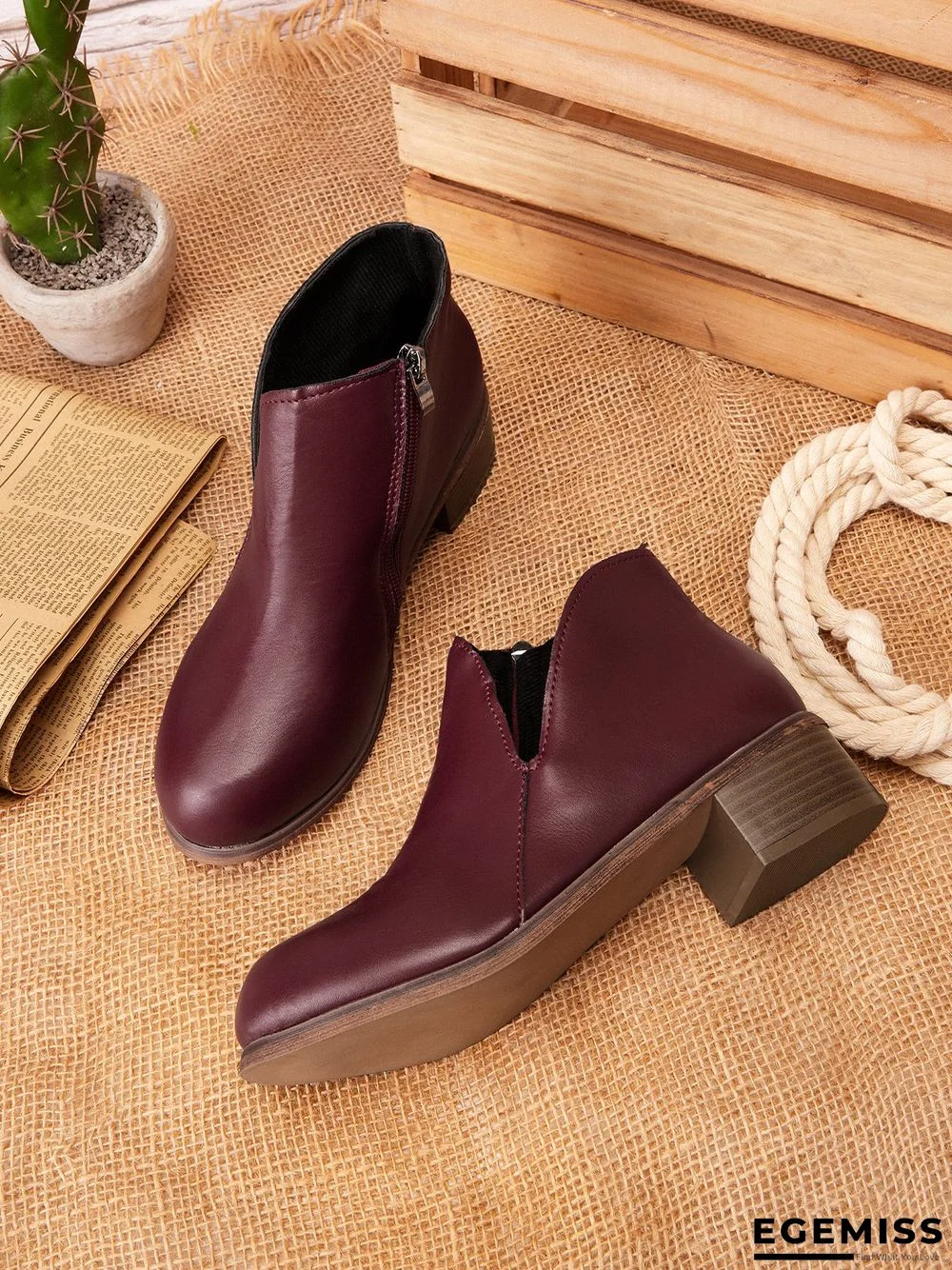 Retro Distressed Polished Color Zipper Thick Heel Pointed Ankle Boots | EGEMISS