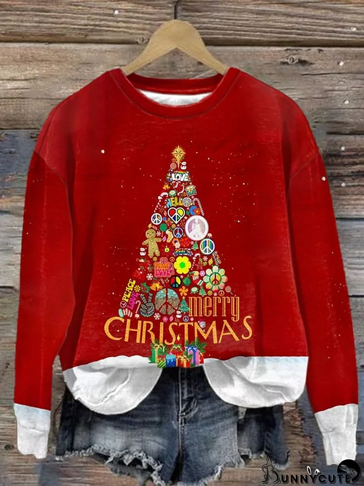 Women'S Hippie Christmas Tree Merry Christmas Printed Crew Neck Sweatshirt