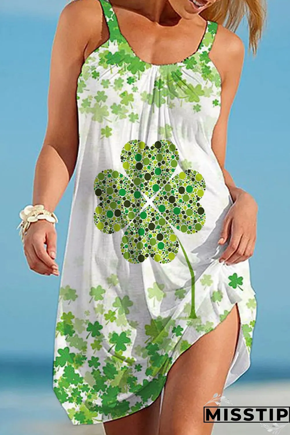 Green Orange Casual Print Basic O Neck Sleeveless Dress Dresses