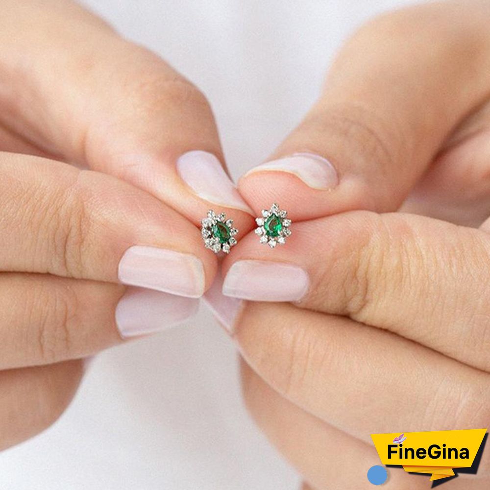 Small Emerald Stud Earrings In 14k Solid Gold with Genuine Diamond/Dainty Pave Diamond Drop Studs for Women/Wedding Jewelry