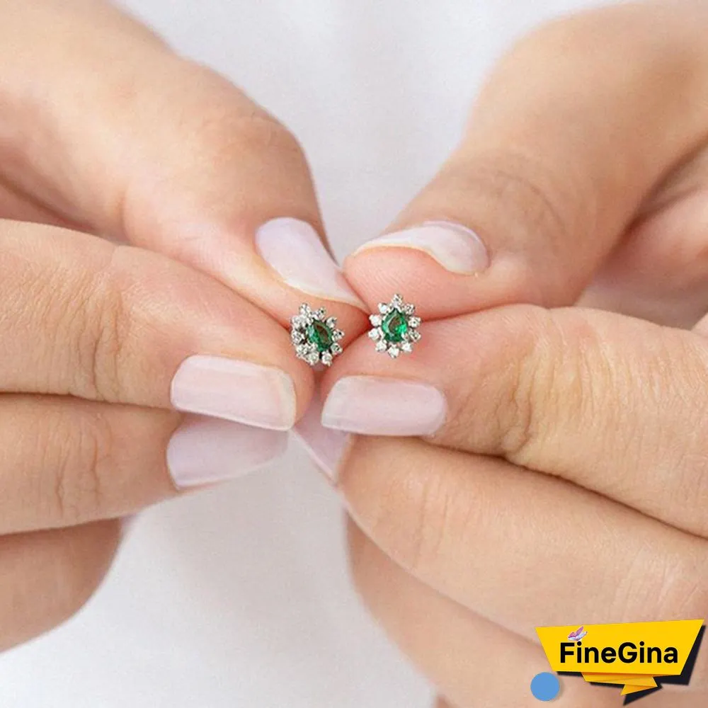 Small Emerald Stud Earrings In 14k Solid Gold with Genuine Diamond/Dainty Pave Diamond Drop Studs for Women/Wedding Jewelry