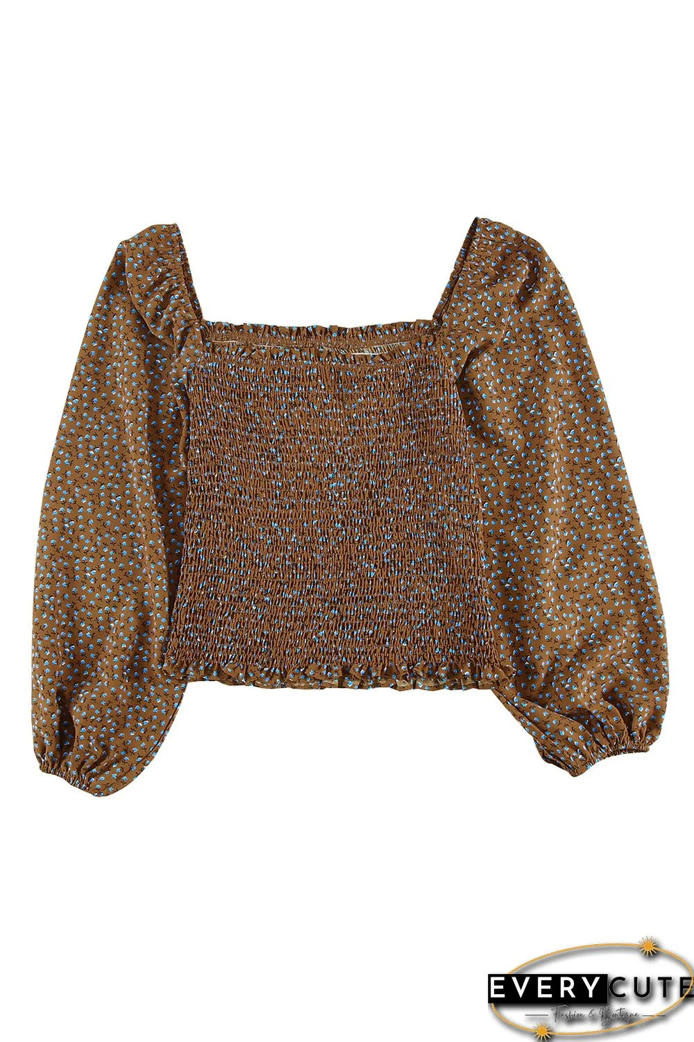 Khaki Square Neck Puff Sleeve Floral Smocked Top
