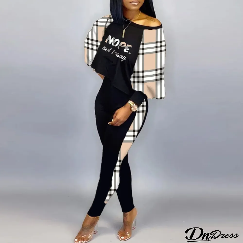 Plus Size Letter Print Color Blocking Two Pants Piece Set