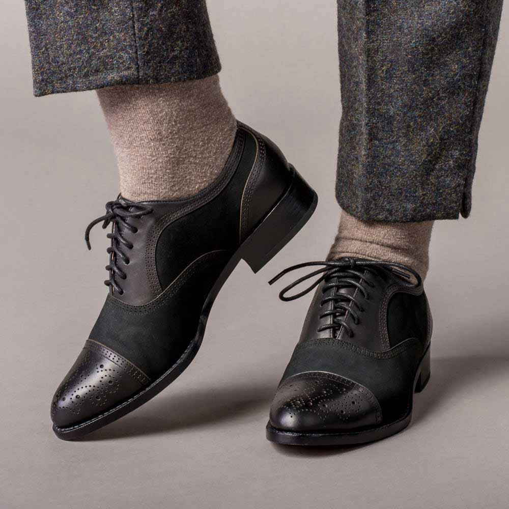 Black Lace-Up Patchwork Perforated Almond Toe Low Heel Women's Oxfords Nicepairs