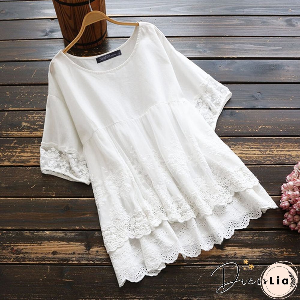 Summer Women Short Sleeve Solid Cotton Shirt Lace Mesh Patchwork Loose Blouse Tops