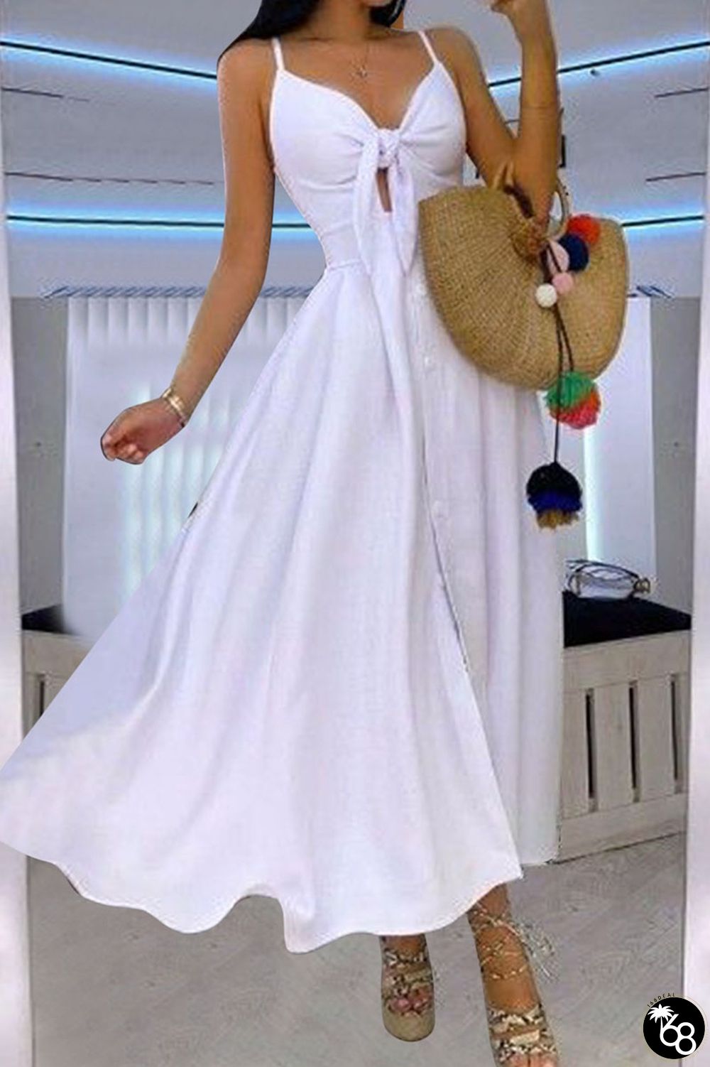 Casual Print Patchwork Knotted Spaghetti Strap Sling Dress Dresses | 168DEAL