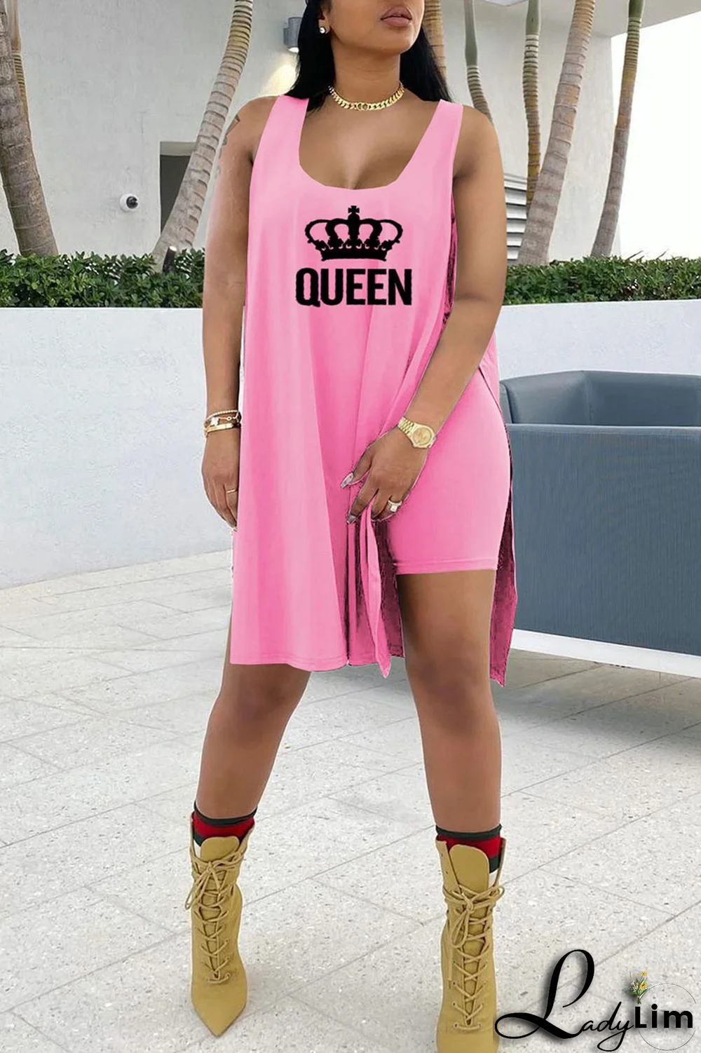 Royal Blue Casual Print Split Joint Slit U Neck Sleeveless Two Pieces