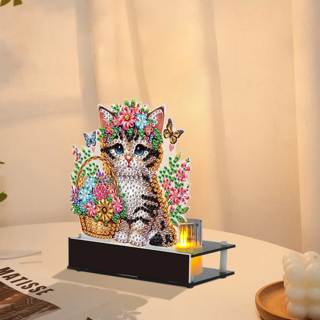 5D DIY Flower Cat Diamond Art Mini Candle Holder for Aromatherapy Art Crafts