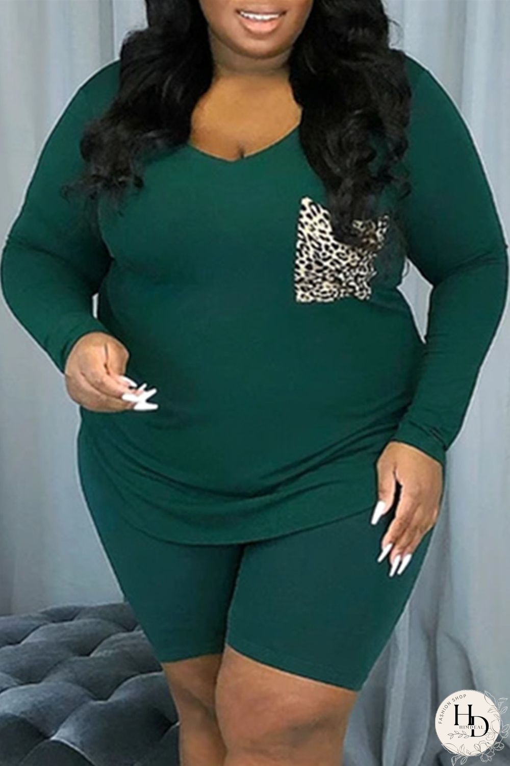 Ink Green Fashion Casual Patchwork Basic V Neck Plus Size Set
