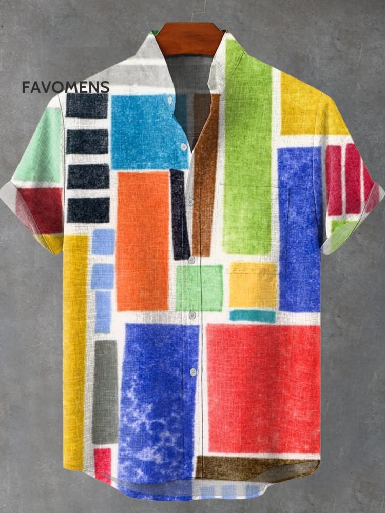 Vintage Hand Drawn Rectangular Geometric Colorful Plaid Art Pattern Print Casual 100% Cotton Shirt