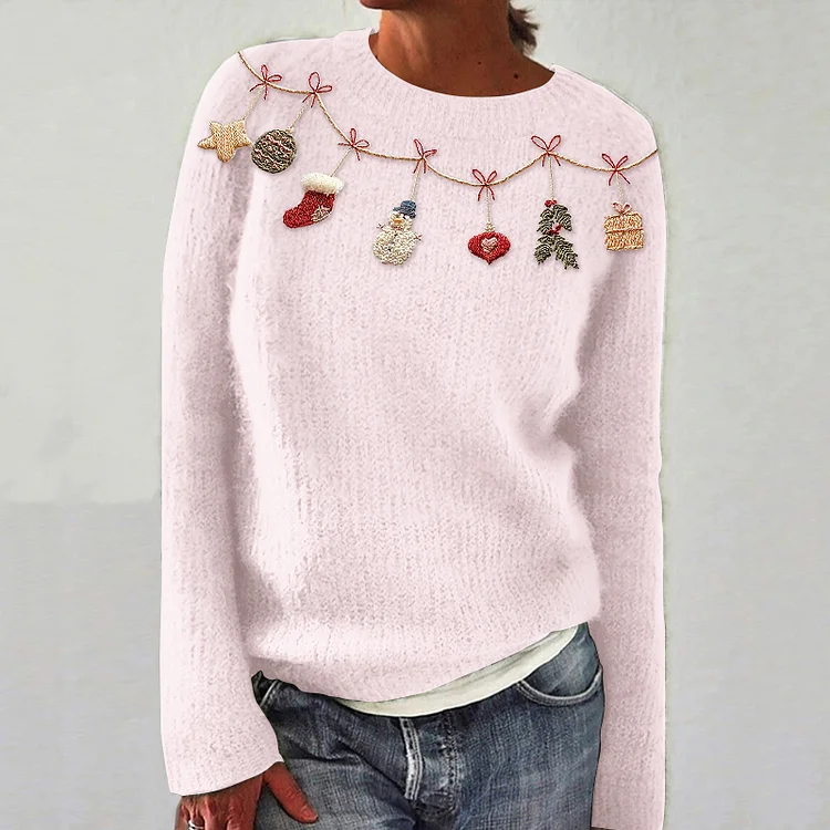 Women's Christmas Embroidery Art Crew Neck Cozy Sweater