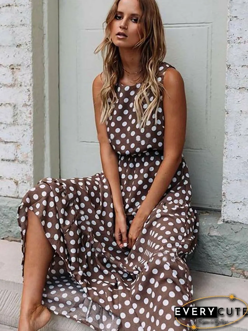 Womens Swing Dress Maxi long Sleeveless Polka Dot Spring Summer Hot Elegant Slim Black
