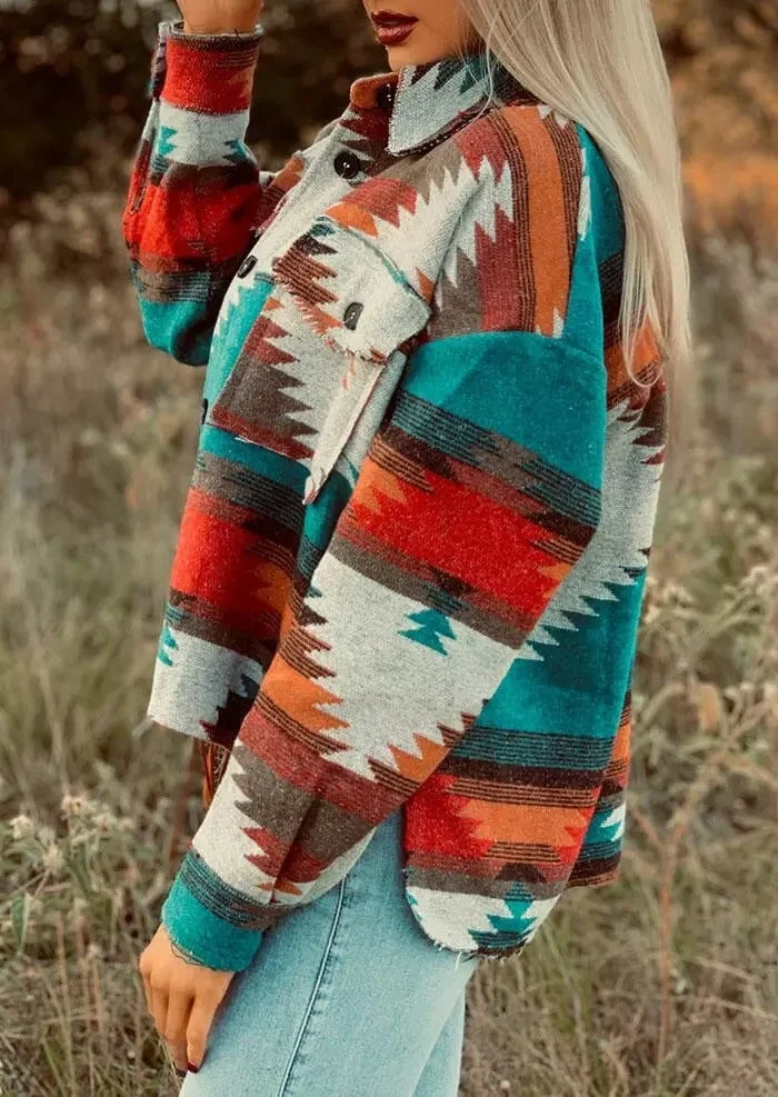 Women's Aztec Jacket Geometric Slit Button Pocket Coat