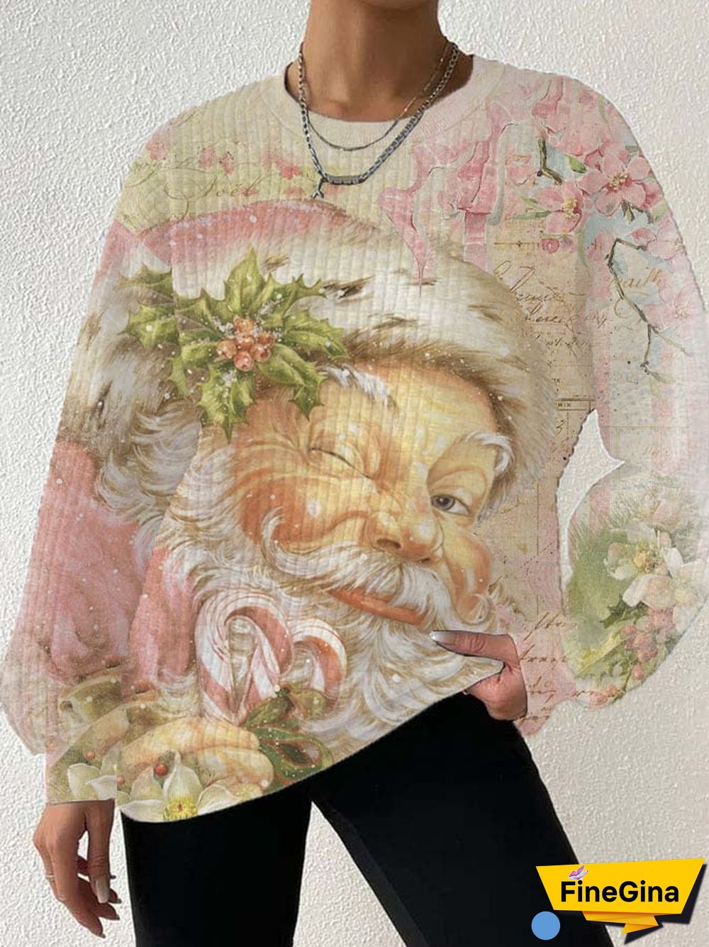 Women's Pink Vintage Santa Claus Print Sweatshirt