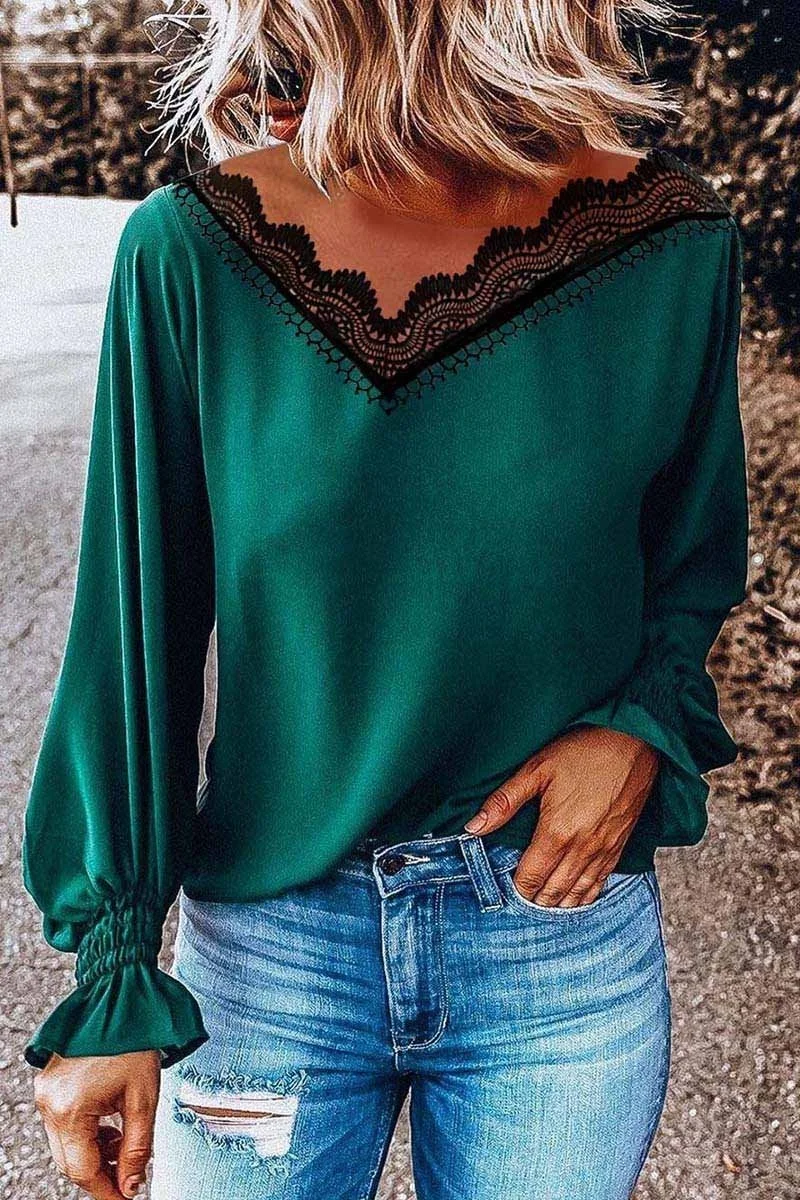 Lace V-Neck Long Sleeve Tops