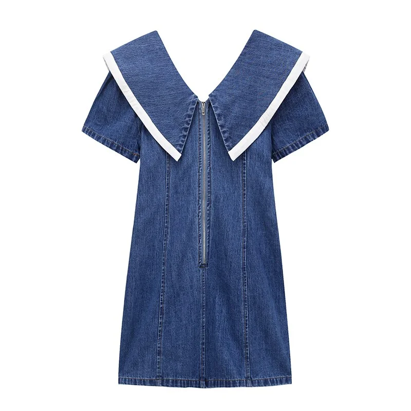 Women&#39;s Clothing Denim Dress Vintage V Neck Bow Short Sleeve Casual Fashion High Waist Baggy A-Line Short Skirt Ladies Summer